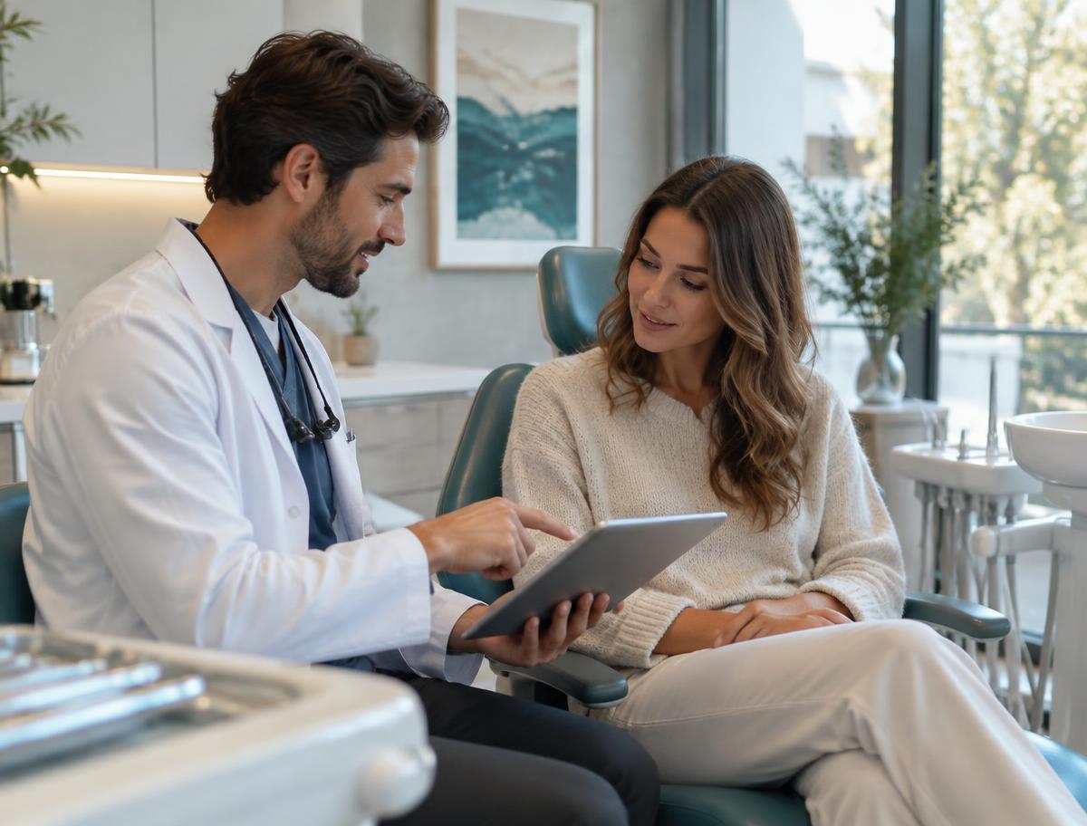 Profesional dental conversando con una paciente durante una consulta